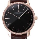 Swiss Vacheron Constantin Patrimony Grand Taille Black Dial Rose Gold Diamonds Case Brown Leather Bracelet  1454174