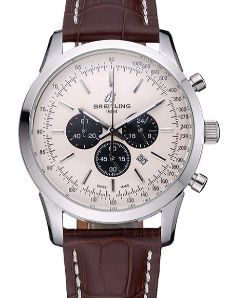 Breitling Transocean Chronograph White Dial Stainless Steel Case Brown Leather Bracelet 622243