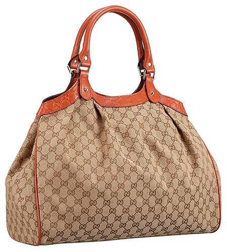 Gucci Sukey Large Tote Orange Trim Beige Fabric