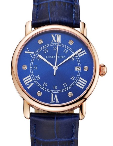Cartier Ronde Solo Blue Dial Diamond Hour Marks Rose Gold Case Blue Leather Strap