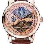 Patek Philippe Dual Time Moonphase Tourbillon Gold Skeletonised Dial Rose Gold Case Brown Leather Strap