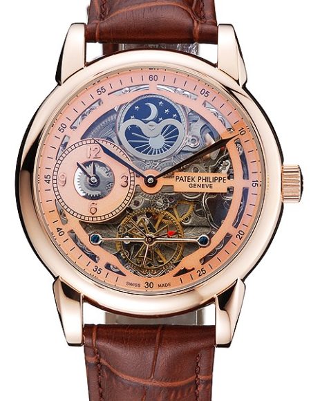 Patek Philippe Dual Time Moonphase Tourbillon Gold Skeletonised Dial Rose Gold Case Brown Leather Strap