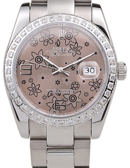 Rolex Datejust Polished Stainless Steel Brown Flowers Dial Diamond Plated