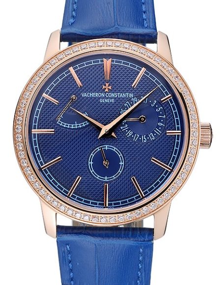 Vacheron Constantin Patrimony Power Reserve Blue Dial Gold Diamond Case Blue Leather Bracelet  1454270