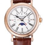 Patek Philippe Perpetual Calendar Retrograde Date White Dial Engraved Rose Gold Case Brown Leather Bracelet 1454148