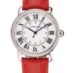 Cartier Ronde White Dial Diamond Bezel Stainless Steel Case Red Leather Strap