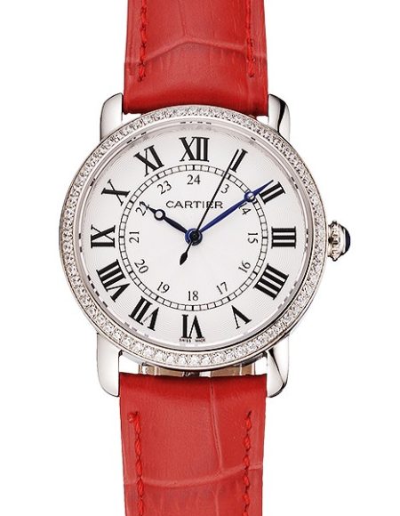 Cartier Ronde White Dial Diamond Bezel Stainless Steel Case Red Leather Strap
