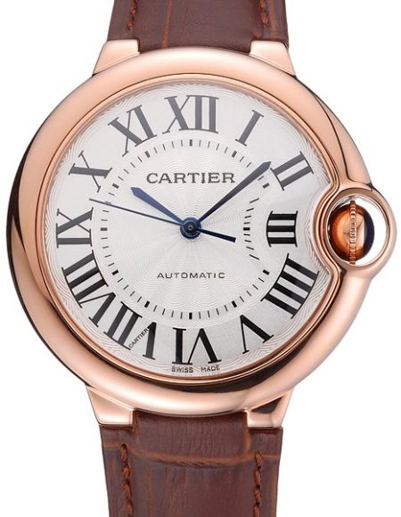 Swiss Ballon Blue De Cartier Gold Case White Dial Roman Numerals Brown Leather Bracelet   622651