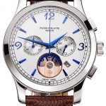 Patek Philippe Chronograph White Guilloche Dial Blue Hands Stainless Steel Case Brown Leather Strap