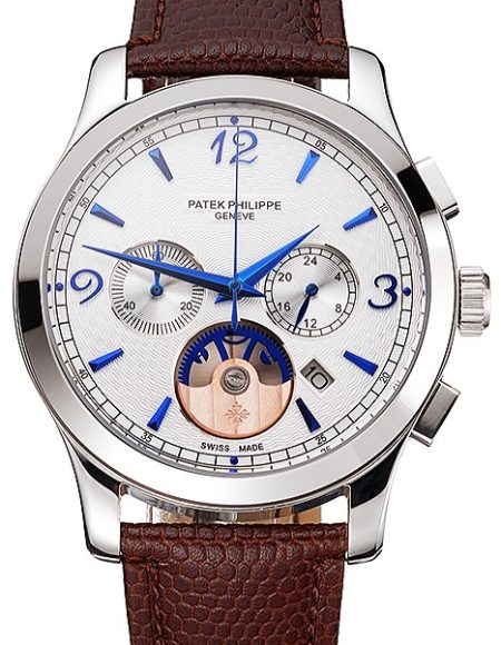 Patek Philippe Chronograph White Guilloche Dial Blue Hands Stainless Steel Case Brown Leather Strap