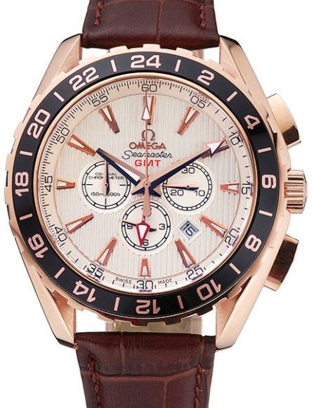 Omega Seamaster Aqua Terra Chrono GMT Ivory Dial Brown Leather Bracelet  622534