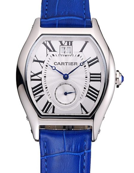 Cartier Tortue Large Date White Dial Stainless Steel Case Blue Leather Strap