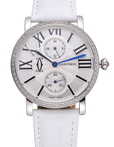 Cartier Ronde Second Time Zone White Dial Stainless Steel Case With Diamonds White Leather Strap  622803
