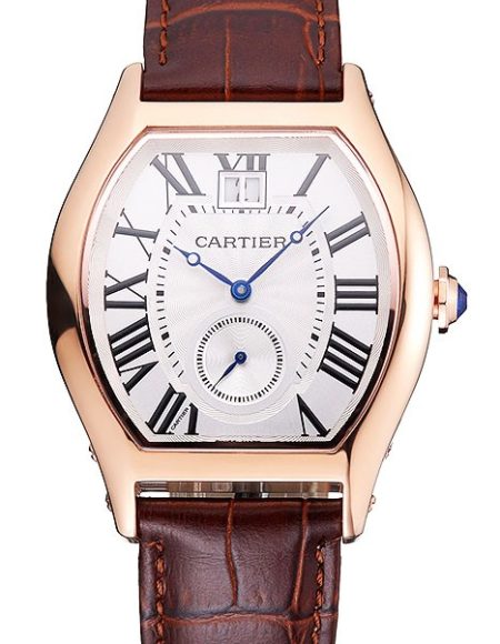 Cartier Tortue Large Date White Dial Gold Case Brown Leather Strap
