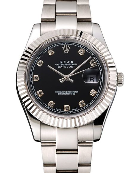 Swiss Rolex Datejust Black Dial Dimond Hour Marks Stainless Steel Case And Bracelet