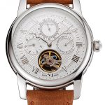 Patek Philippe Grand Complications Day Date Tourbillon Whie Dial Stainless Steel Case Brown Suede Leather Strap 1453817