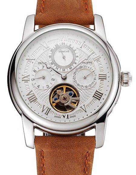 Patek Philippe Grand Complications Day Date Tourbillon Whie Dial Stainless Steel Case Brown Suede Leather Strap 1453817