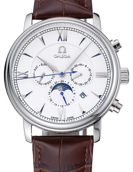 Omega De Ville Moonphase White Dial Silver Case Brown Leather Bracelet  1454226