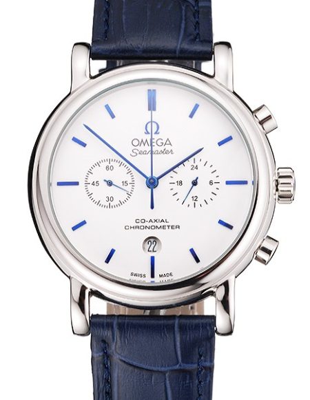 Omega Seamaster Vintage Chronograph White Dial Blue Hour Marks Stainless Steel Case Blue Leather Strap