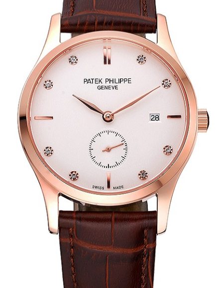 Patek Philippe Calatrava White Dial Diamond Numerals Rose Gold Case Brown Leather Strap  622834