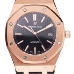Swiss Audemars Piguet Royal Oak Black Dial Gold Case Black Leather Strap