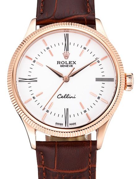 Swiss Rolex Cellini Time Gold Case White Dial Brown Leather Bracelet   622655