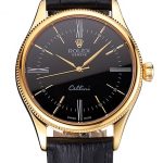 Swiss Rolex Cellini Black Dial Roman Numerals Gold Case Black Leather Strap