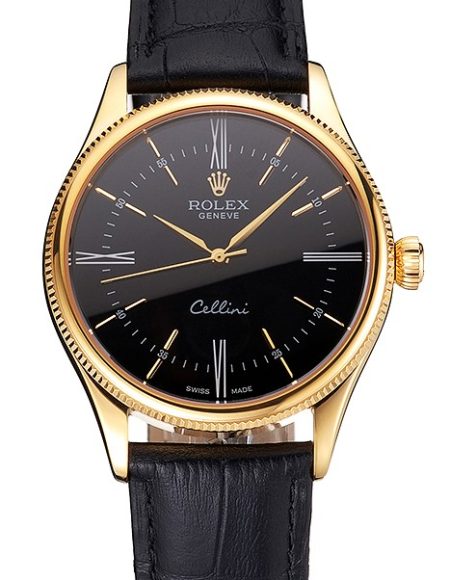 Swiss Rolex Cellini Black Dial Roman Numerals Gold Case Black Leather Strap