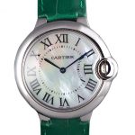 Cartier Ballon Bleu Silver Bezel with Pearl Dial Green Leather Band  621552