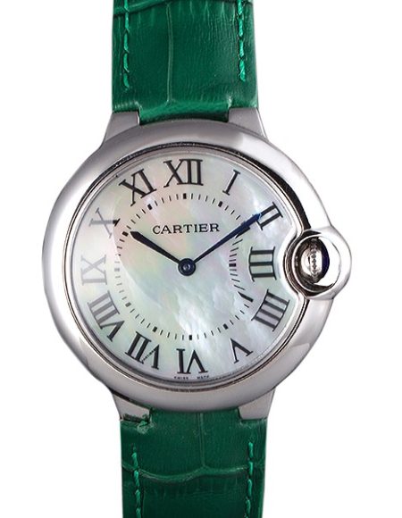 Cartier Ballon Bleu Silver Bezel with Pearl Dial Green Leather Band  621552