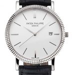 Patek Philippe Calatrava White Dial Ribbed Bezel Stainless Steel Case Black Leather Strap