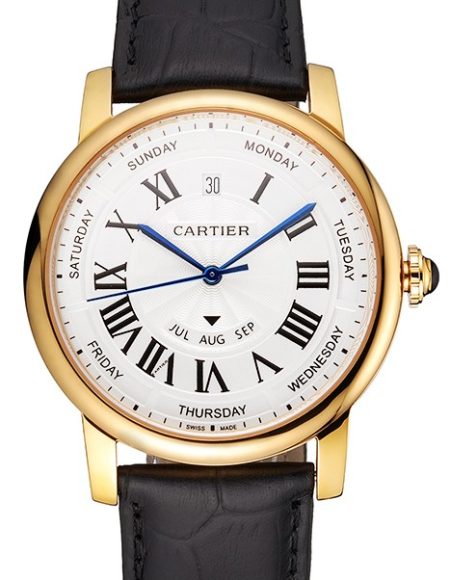 Swiss Cartier Rotonde Annual Calendar White Dial Gold Case Black Leather Strap