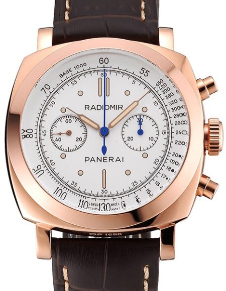 Swiss Panerai Radiomir 1940 Chronograph White Dial Rose Gold Case Brown Leather Strap