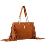 Saint Laurent Monogram Fringe Suede Chain Strap Tote Tan