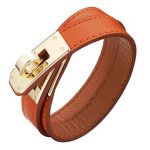 Hermes Replica Double Wrap Strap Brass Turnlock Closure Orange Leather Bracelet