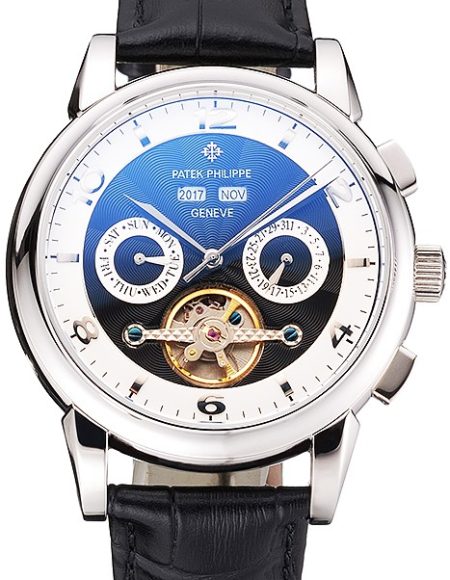 Patek Philippe Perpetual Calendar Tourbillon Two Tone Dial Stainless Steel Case Black Leather Strap