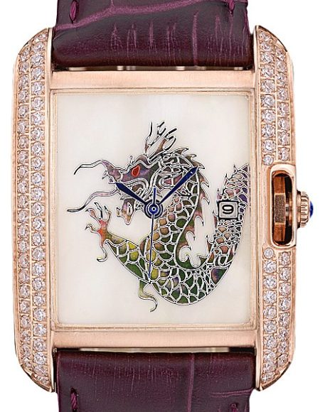 Cartier Tank Anglaise White Dragon Dial Diamonds Gold Case Purple Leather Bracelet