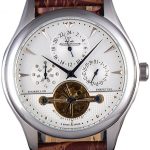 Jaeger Lecoultre Tourbillon  Perpetuel Silver Bezel Brown Leather Band  621617