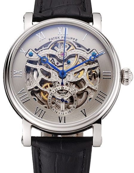 Patek Philippe Grand Complications Gray Skeleton Dial Stainless Steel Case Black Leather Strap 1453811