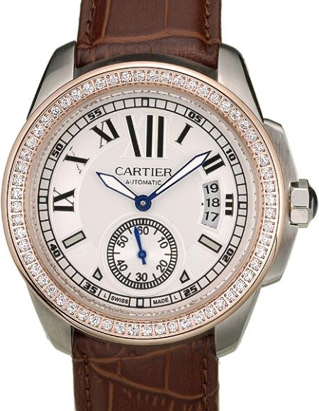 Cartier Calibre White Dial Diamonds Two Tone Case Brown Leather Bracelet