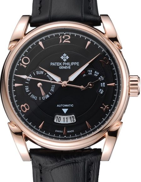 Patek Philippe Complications Chronograph Black Dial Gold Case Black Leather Bracelet  1454235