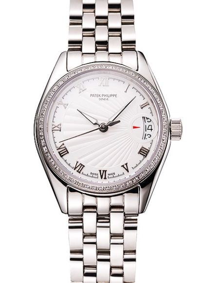 Swiss Patek Philippe Calatrava White Dial Diamond Bezel Stainless Steel Case And Bracelet