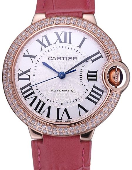 Swiss Cartier Ballon Bleu de Cartier White Dial Diamonds Case Pink Leather Bracelet  622553