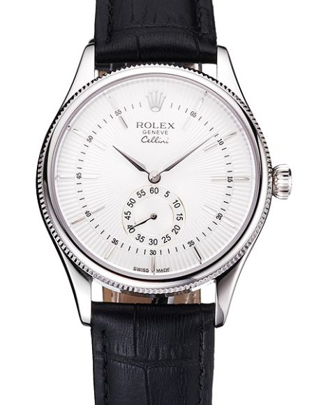 Swiss Rolex Cellini White Dial Stainless Steel Case Black Leather Strap