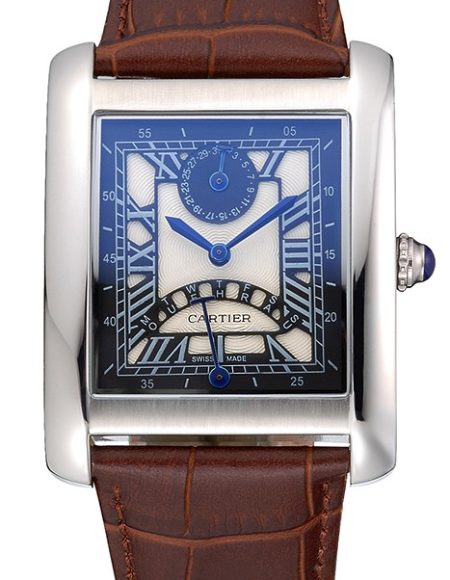 Cartier Tank Black And White Dial Stainless Steel Case Brown Leather Strap  622763