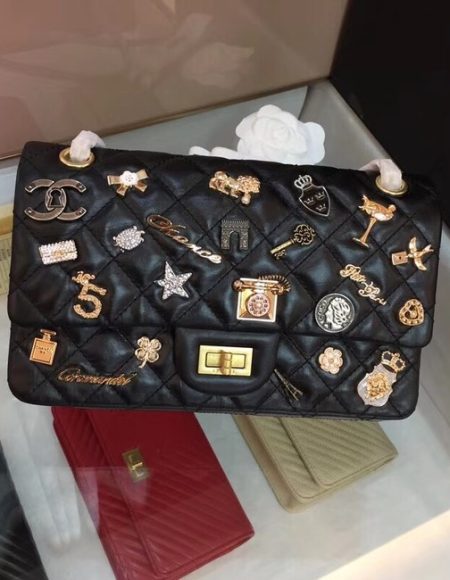 Chanel 2.55 Handbag Aged Calfskin Charms & Gold-Tone Metal C37586 Black