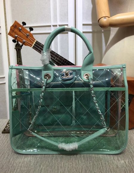 Chanel transparent Calf leather Tote Shopping Bag 8048 green