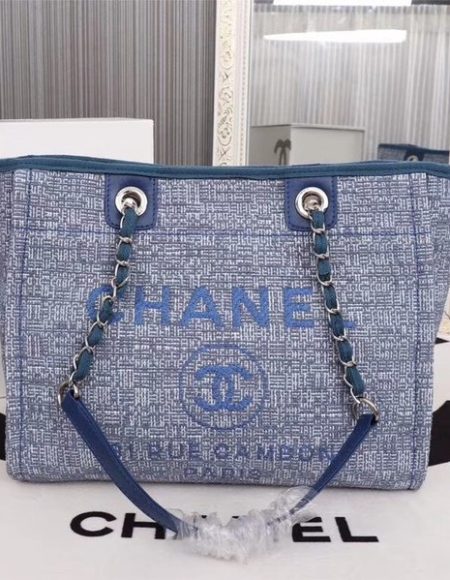 Chanel Canvas Shopping Bag Calfskin & Silver-Tone Metal A23556 blue