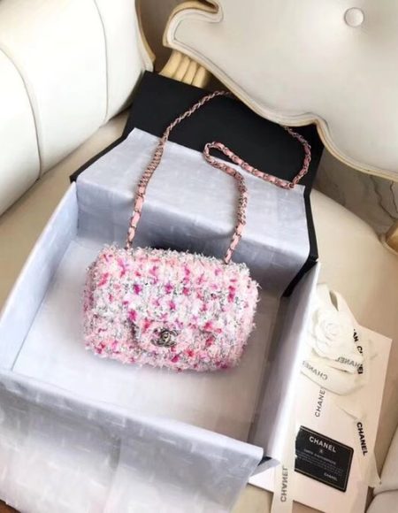 Chanel Classic Handbag Embroidered Tweed & Silver-Tone Metal A01116 pink