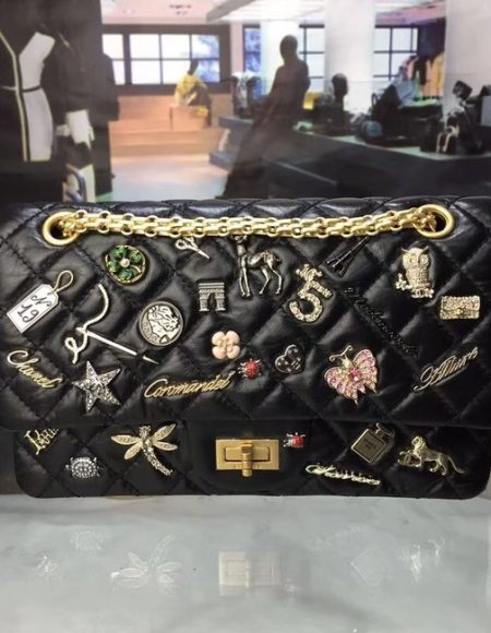 Chanel 2.55 Handbag Aged Calfskin Charms & Gold-Tone Metal A37586 Black